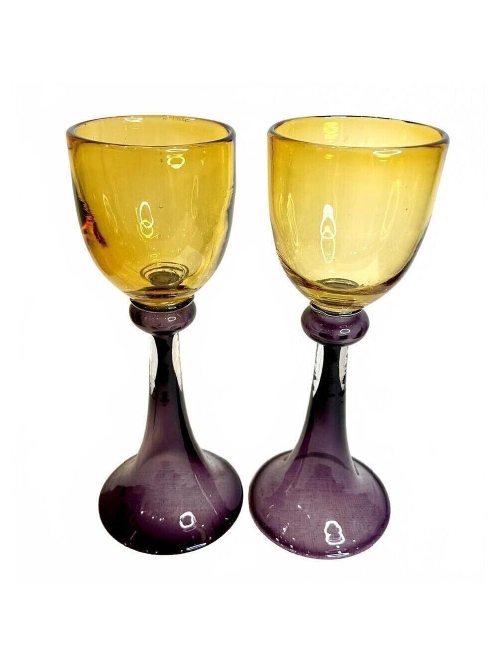 Set of 2 Oversized Solid Amber Amethyst Hand Blown Art Glass Chalice 14 in Tall
